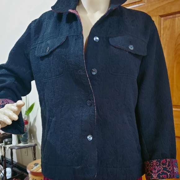 Chicos Embossed Brocade black jacket Size 1 - Picture 7 of 9